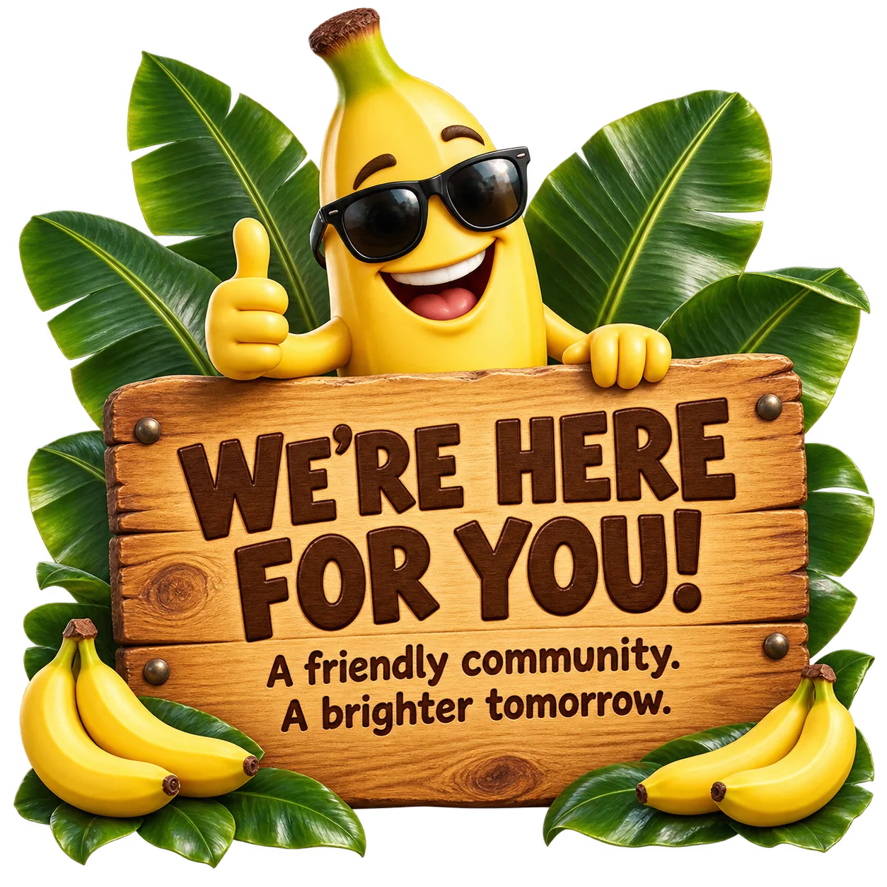 King Potassium mascot holding a welcoming support sign